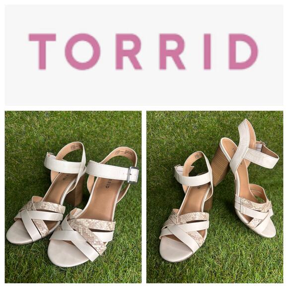TORRID Caged Front Stacked Heel Sandals Bone/Snakeskin‎ 9W - Picture 1 of 13